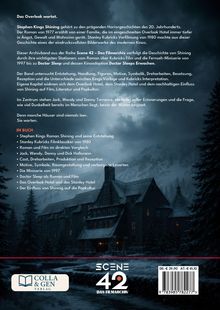 Text über Stephen Kings "Shining" und dessen Verfilmungen. Unten sind Logos von zwei Verlagen. Im Hintergrund ein düsteres Hotel.