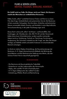 Texte beschreiben ein Buch, das Ridley Scotts "Alien" als Science-Fiction und Horror analysiert. Unten ein Verlagslogo.