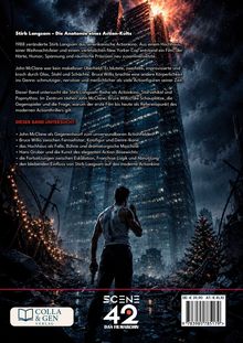 "Stirb Langsam – Die Anatomie eines Action-Kults: Themen und Analyse der Filme, mit John McClane als zentraler Figur." Im Hintergrund steht ein Mann mit einem Gewehr vor einem zerstörten Hochhaus. Ein Weihnachtsbaum ist rechts zu sehen, alles in dunkler Atmosphäre.