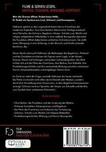 Text über Filme und Serien, insbesondere "Hellraiser", und seine Elemente wie Lust, Schmerz und Mythologie. Unten Logos.