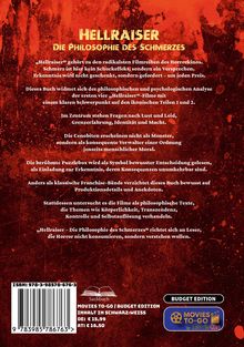 Text über Filmreihe "Hellraiser", philosophische Analyse zu Schmerz und Lust. Hintergrund blutrot mit schwarzem Sprenkelmuster.