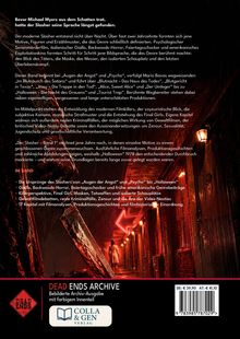Es sind Texte über die Entstehung des Slasher-Genres, Filme und deren Analysen. Eine düstere rote Szene mit einer Gestalt.