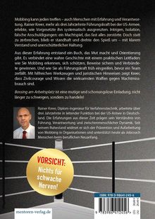 Text beschr. Mobbing, Widerstand, Buchthema. Vorsicht: Nichts für schwache Nerven! Bild von Mann, ISBN-Nummer unten.
