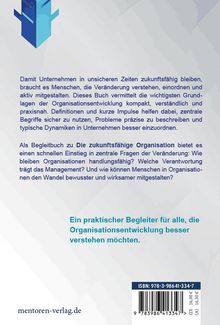 Ein blauer Pfeil zeigt nach unten. Oben links steht Text über Veränderung in Organisationen. Unten ISBN und Website.