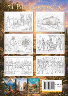 "74 Bibelszenen" steht oben. Verschiedene Bibelillustrationen zeigen Szenen wie die Arche Noah und die Geburt Jesu.
