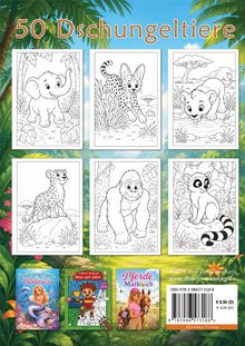 "50 Dschungeltiere" oben. Sechs Ausmalbilder von Tieren wie Elefant und Gorilla. Drei Malbücher unten abgebildet.