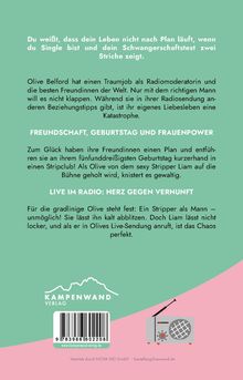 Texte: Leben läuft nicht nach Plan, Schwangerschaftstest zwei Striche, Radiomoderatorin, Freundinnen, Geburtstag, Stripclub. Oben und unten sind bunte Flächen, das Kampenwand Verlag Logo und ein Radio.