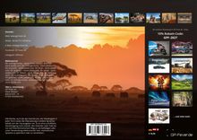 15% Rabatt-Code: GPF-2027. Sonnenuntergang über afrikanischer Savanne mit Elefanten. Oben sind kleine Tierbilder.