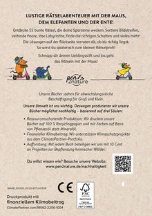 Lustige Rätselabenteuer mit der Maus, dem Elefanten und der Ente! Drei Figuren auf Rollern, Logo von "pen2nature".
