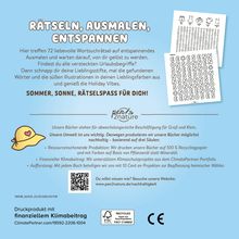 "Rätseln, Ausmalen, Entspannen. Sommer, Sonne, Rätselspaß für dich!" Illustration mit Sonnenhut und Suchrätseln.