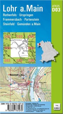 ATK25 D03. Ortsnamen: Lohr am Main, Rothenfels, Urspringen. Preis: 9,90 €. Kartenausschnitt mit Fluss und Straßen.