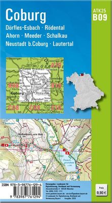 Oben: "Coburg", Orte aufgelistet. Links Kartenabschnitt, rechts Bayern-Silhouette. Unten Kartenausschnitt mit ISBN.