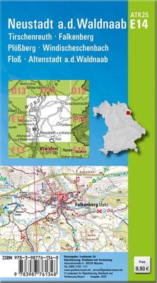 Neustadt a.d.Waldnaab, Tirschenreuth, Falkenberg. Kartenausschnitt mit Straßen und Höhenlinien; Bayern-Illustration.