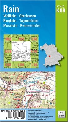ATK25 K09. Rain. Wellheim, Oberhausen, Burgheim. Karte mit Landkarte und Preisangabe 9,90 €.