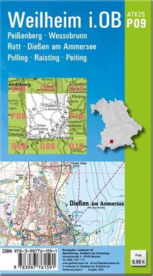 "Weilheim i.OB" oben. Städte wie Peißenberg, Wessobrunn. Karten- und Preisangaben. Bayerisches Kartenlayout.
