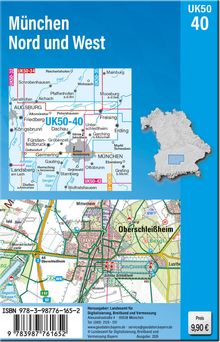 "München Nord und West"; UK50-40 Karte; Preis: 9,90 €; zeigt Kartenabschnitte, relevante Orte und Straßen.
