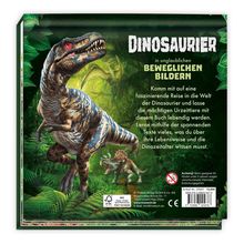 „DINOSAURIER in unglaublichen BEWEGLICHEN BILDERN“ steht über einem Tyrannosaurus Rex im Dschungel, der seinen Mund aufreißt.
