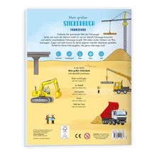 "Mein großes Stickerbuch Fahrzeuge" über Baustellenfahrzeugen mit Texten über andere Stickerbücher der Reihe.