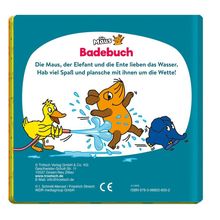 Text: „Die Maus Badebuch. Die Maus, der Elefant und die Ente lieben das Wasser.“ Illustration: Maus, Ente, Elefant planschen.