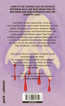 Ein Zitat über Illusion und Liebe. Beschreibung von "Anti Müller" als kritische Analyse. Lob von Heike Geibler und Daniela Dröscher. Purpurfarbener Hintergrund mit weißem, abstrahiertem Hahnmotiv und roten Tropfen.