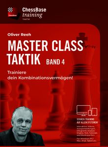 "Oliver Reeh MASTER CLASS TAKTIK BAND 4 Trainiere dein Kombinationsvermögen!" Rotes Schach-Design, stilisierte Figuren.