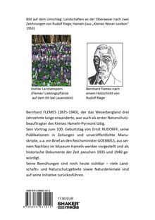 Bild auf dem Umschlag: Landschaften an der Oberweser nach zwei Zeichnungen von Rudolf Riege, Hameln (1953). Hohler Lerchensporn ist blühend im Wald. Schwarz-Weiß-Bild von Bernhard Flemes. Text beschreibt Flemes' Naturschutzarbeit. Preis: 17,90 EUR.