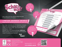 „Schätz mal!“ steht in einer Sprechblase. Texthinweise: Party-Quiz, kein Internet nötig, 96 Seiten, viel Spaß.
