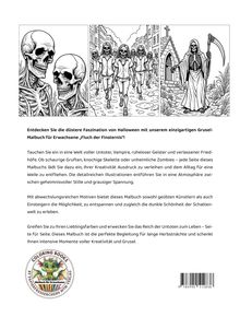 Texte: "Entdecken Sie die düstere Faszination" und "Tauchen Sie ein in eine Welt voller Untoter". Illustration: Skelette und ein Sensenmann.