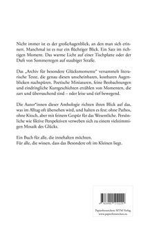 Texte beschreiben flüchtige, kostbare Momente. Eine Anthologie über das Besondere im Alltag. Unten ein Barcode.