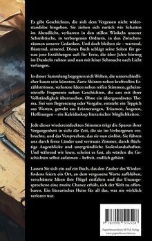 Ein Text beschreibt die Magie des Wiederfindens von Geschichten. Links davon ein Gemälde mit einem Buch und einem Horn.