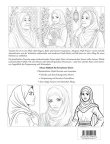 Texte beschreiben elegante Hijab-Portraits zum Ausmalen. Zeigt detaillierte Illustrationen von Frauen mit Hijab in verschiedenen Posen.