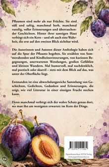 Text über Pflaumen als Metapher für Geschichten. Illustration von Pflaumen mit Blättern auf einem gesprenkelten Hintergrund.