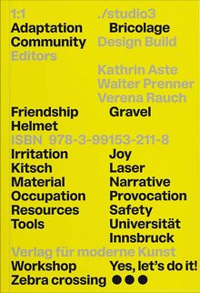 Gelber Hintergrund mit schwarzen und grauen Wörtern: Themen rund um Design, Kunst und Architektur. ISBN 978-3-99153-211-8.