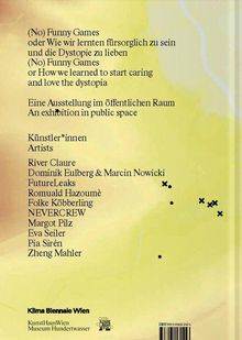 Texte: "(No) Funny Games", "Eine Ausstellung im öffentlichen Raum", Künstler*innen-Liste, "Klima Biennale Wien". Hintergrund: gelblich mit kleinen schwarzen Kreuzen.