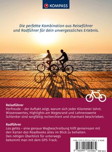 "Die perfekte Kombination aus Reiseführer und Radführer…" Zwei Radfahrer vor einem Sonnenuntergang am Meer. Oben ein Kompass-Logo.