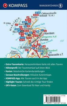 „KOMPASS WANDERFÜHRER“ oben, darunter eine Karte Schottlands mit nummerierten Touren. Hinweise auf zusätzliche Kartendetails.