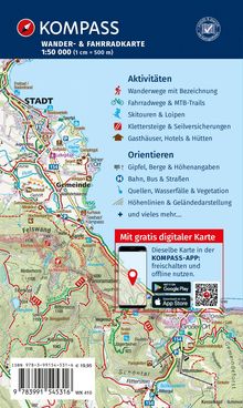 "Kompass Wander- & Fahrradkarte 1:50 000 Aktivitäten: Wanderwege, Fahrradwege, Skitouren. Mit gratis digitaler Karte."
