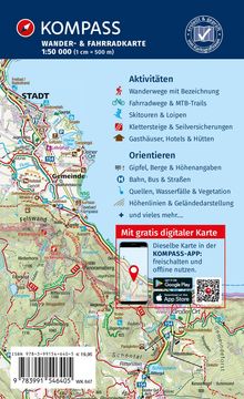 KOMPASS Wander- & Fahrradkarte. Aktivitäten: Wanderwege, Fahrradwege, Skitouren. Gratis digitale Karte. QR-Code vorhanden.