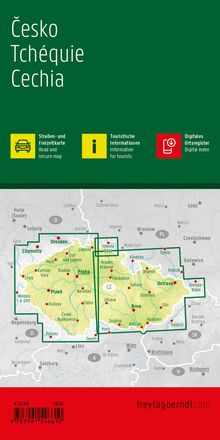 Texte: Česko, Tchéquie, Cechia. Unten: Straßen- und Freizeitkarte, Touristische Informationen, Digitales Ortsregister. Karte von Tschechien.