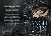 Text: "ANGEL EYES im Schatten des Schweigens." Darstellung: Ein blaues Auge zwischen dunklen Rosen.