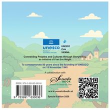 UNESCO Club Vienna, Verbindung durch Erzählen, Fran Eve Wright. Illustration: Landschaft mit Dorf, Bäume, blauer Himmel.