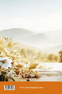 www.easyOriginal.com. Ein Holzbrett mit Blumenarrangement, dahinter sanfte, neblige Hügel in warmen Farben.
