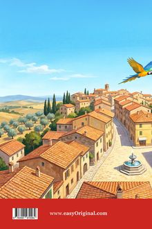 www.easyOriginal.com. Illustration eines sonnigen Dorfes mit roten Ziegeldächern, einer Straße und einem blauen Papagei.