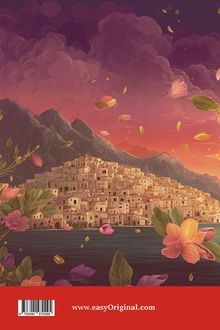 www.easyOriginal.com. Illustration: malerische Berglandschaft, Stadt, Blumen, rote Abendwolken, zarte Blätter in der Luft.
