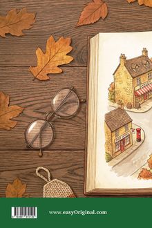 www.easyOriginal.com, Holztisch mit Herbstblättern und Brille neben einem Buch mit Dorfillustration von Bäckerei und Post.