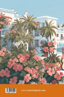 www.easyOriginal.com. Illustration von mediterranen Häusern, Palmen und blühenden rosa Blumen, im Hintergrund ein klarer Himmel.