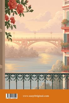 www.easyOriginal.com. Illustration: Ein Balkon mit Pflanzen, Blick auf einen Fluss und eine Brücke bei Sonnenuntergang.