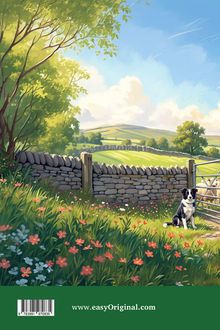 www.easyOriginal.com. Illustration: Hund vor einer Steinmauer, bunte Blumen, grünes Feld unter blauem Himmel.