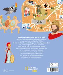 Text: "Athen und Griechenland erwarten euch! Ihr begebt euch auf eine Reise ins Herz der Mythologie..." Unten das National Geographic Kids Logo. Illustrationen von griechischen Kriegern, einer Eule mit Fackel, und antiken Motiven.