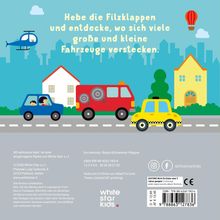 Text: "Hebe die Filzklappen und entdecke, wo sich viele große und kleine Fahrzeuge verstecken." Illustration: Fahrzeuge, Häuser, Helikopter.